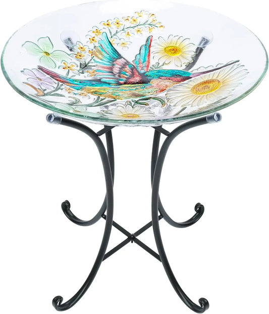 Glass Hummingbird Bird Bath With Metal Stand For Outdoors