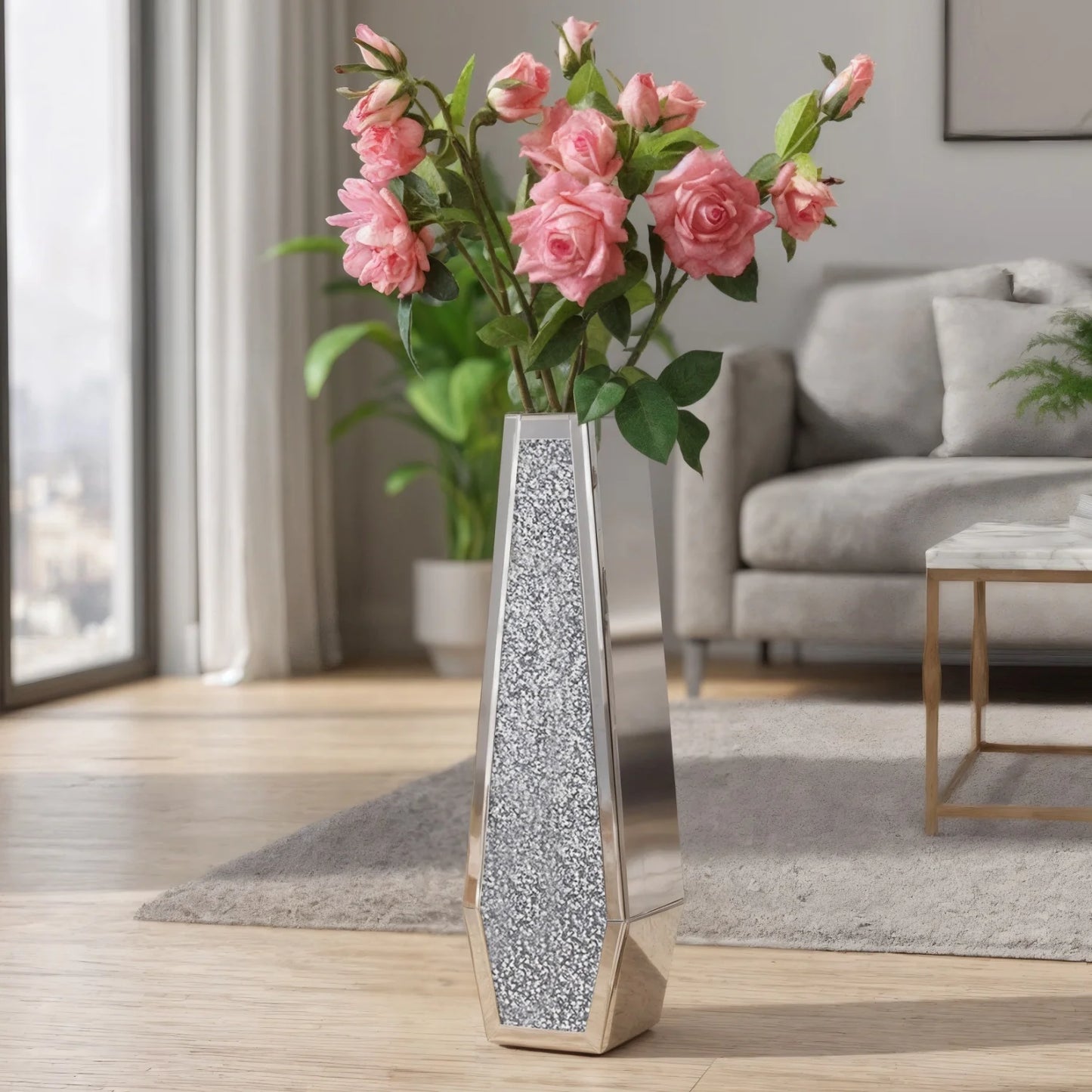 Modern Glass Floor Vase With Crushed Diamond Mirror Finish