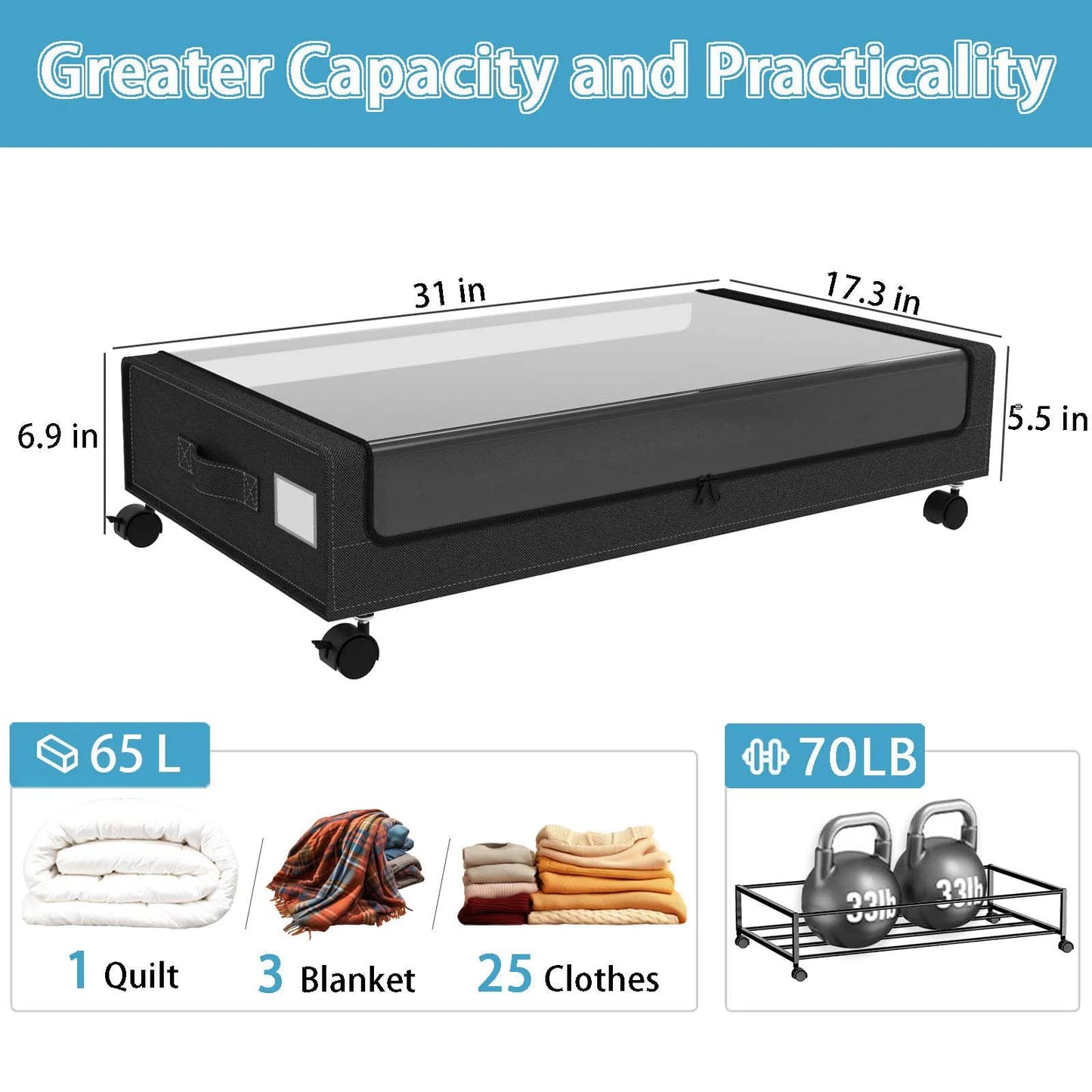 Under Bed Storage Bins With Wheels, 2-Pack, Clear Lids