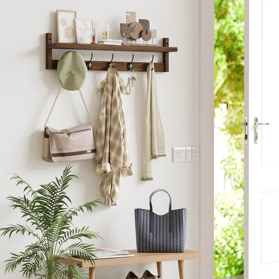 Wood Wall Mount Coat Rack With Shelf And Five Hooks