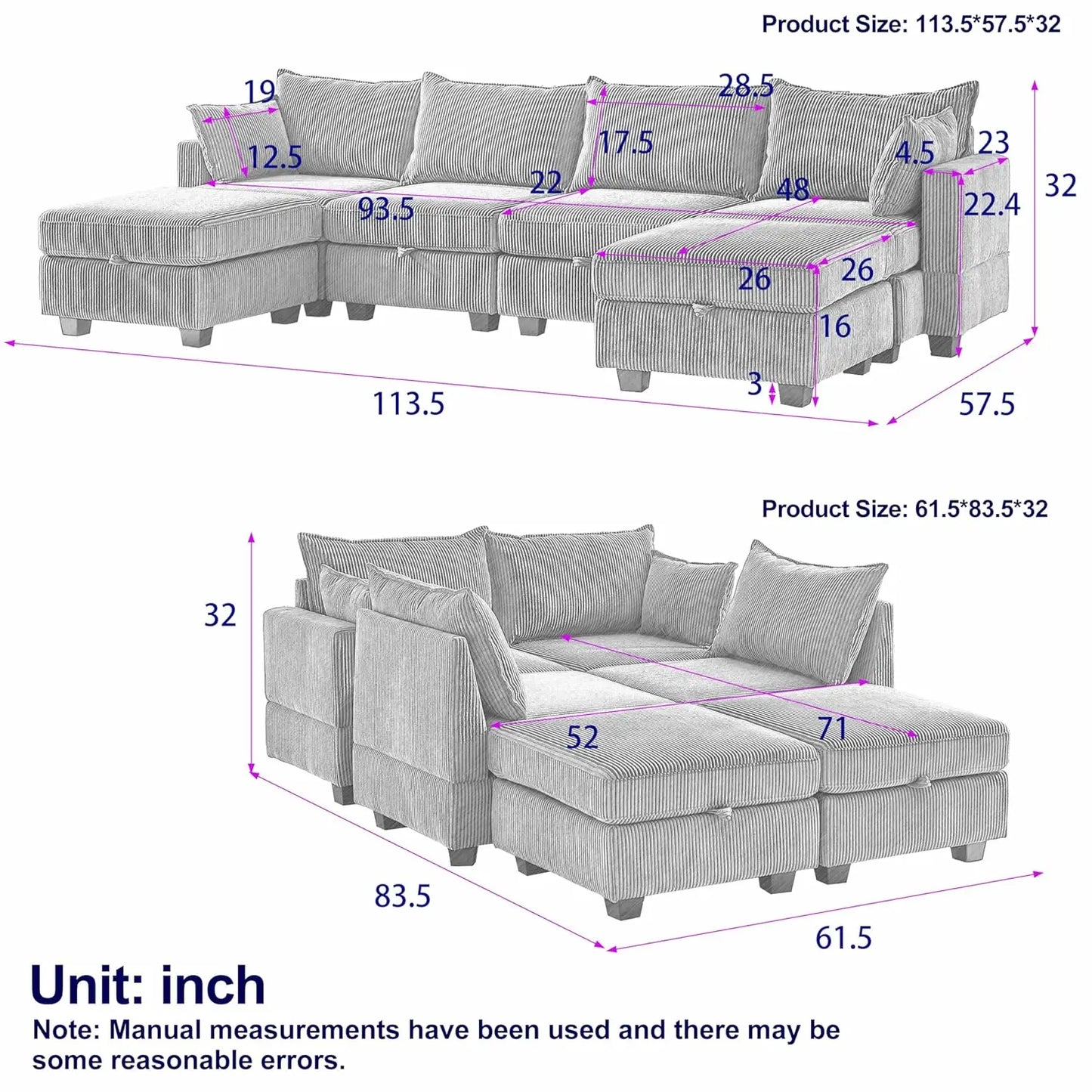 Modular U-Shaped Sectional Sofa With Storage Ottoman