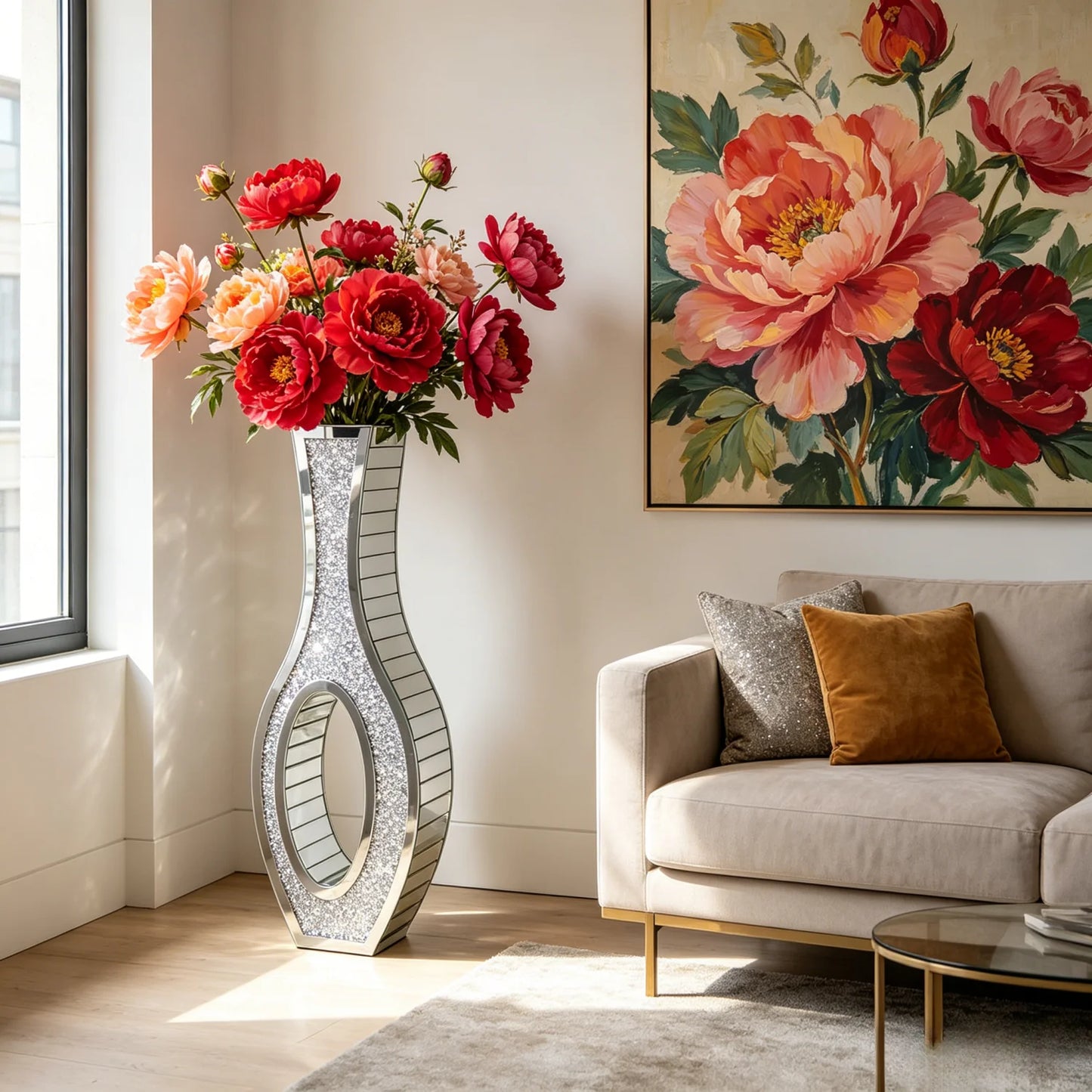 Modern Glass Floor Vase With Crushed Diamond Mirror Finish