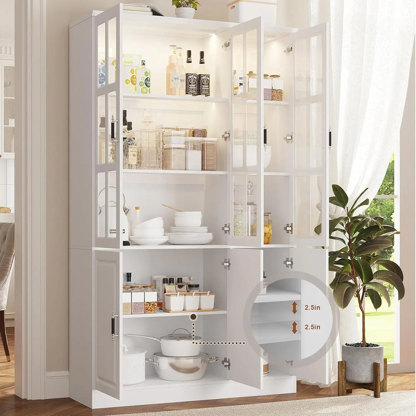 Kitchen Pantry Cabinet With LED Lights And Glass Doors