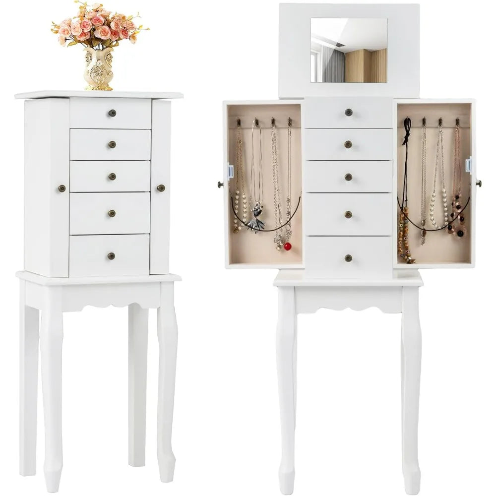 Standing Jewelry Armoire Cabinet With Flip Top Mirror And Drawers