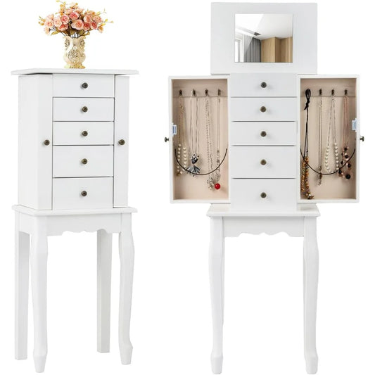 Standing Jewelry Armoire Cabinet With Flip Top Mirror And Drawers