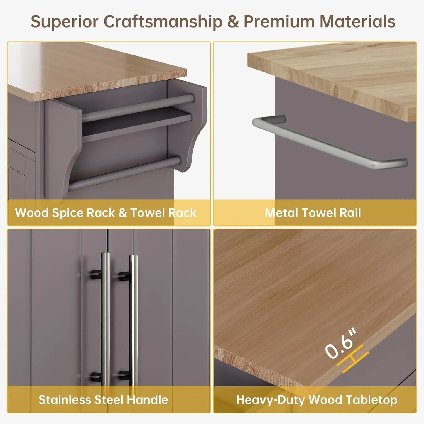 Grey Wood Kitchen Island Cart Storage Towel And Spice Racks