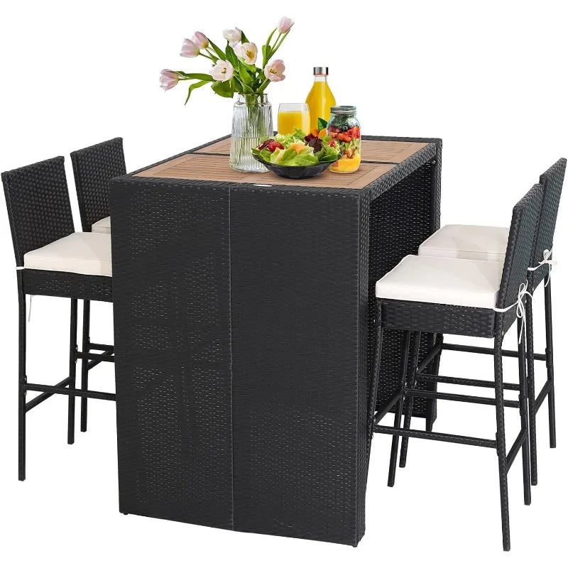 Tangkula 5 Piece Patio Wicker Bar Set With Acacia Wood Table And 4 Rattan Stools