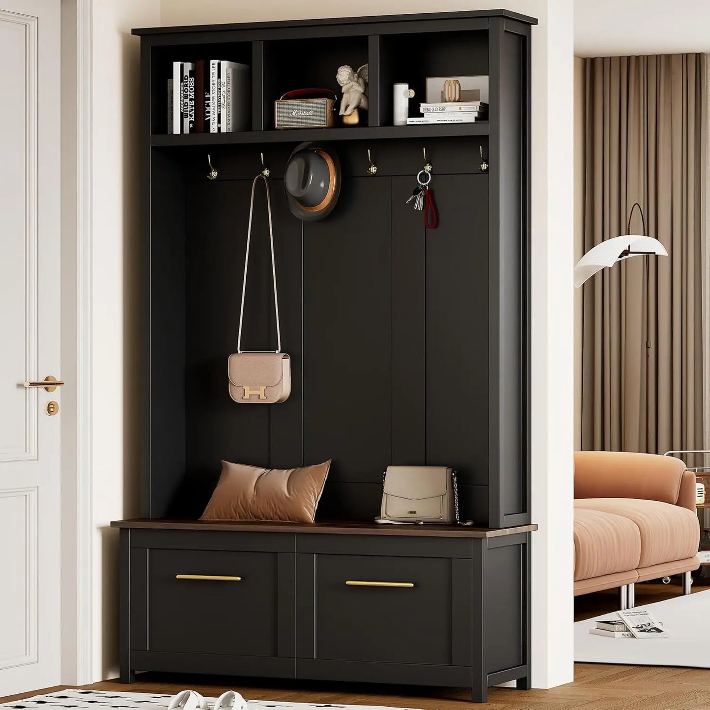 Hall Tree With Hidden Hooks Coat Rack And Shoe Storage