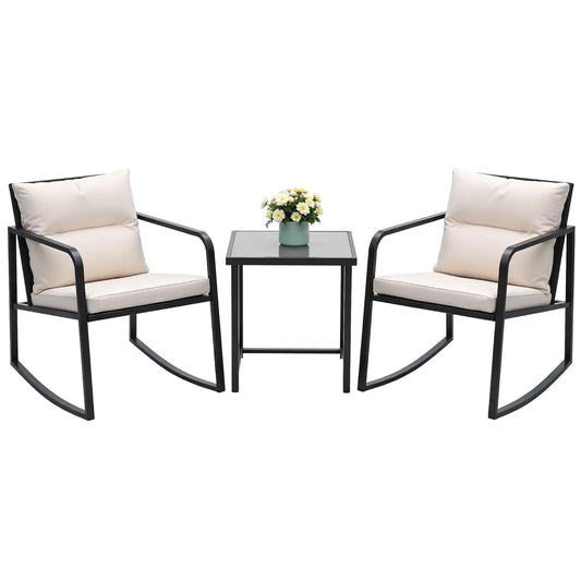 Rattan Wicker Rocking Bistro Set With Glass Coffee Table