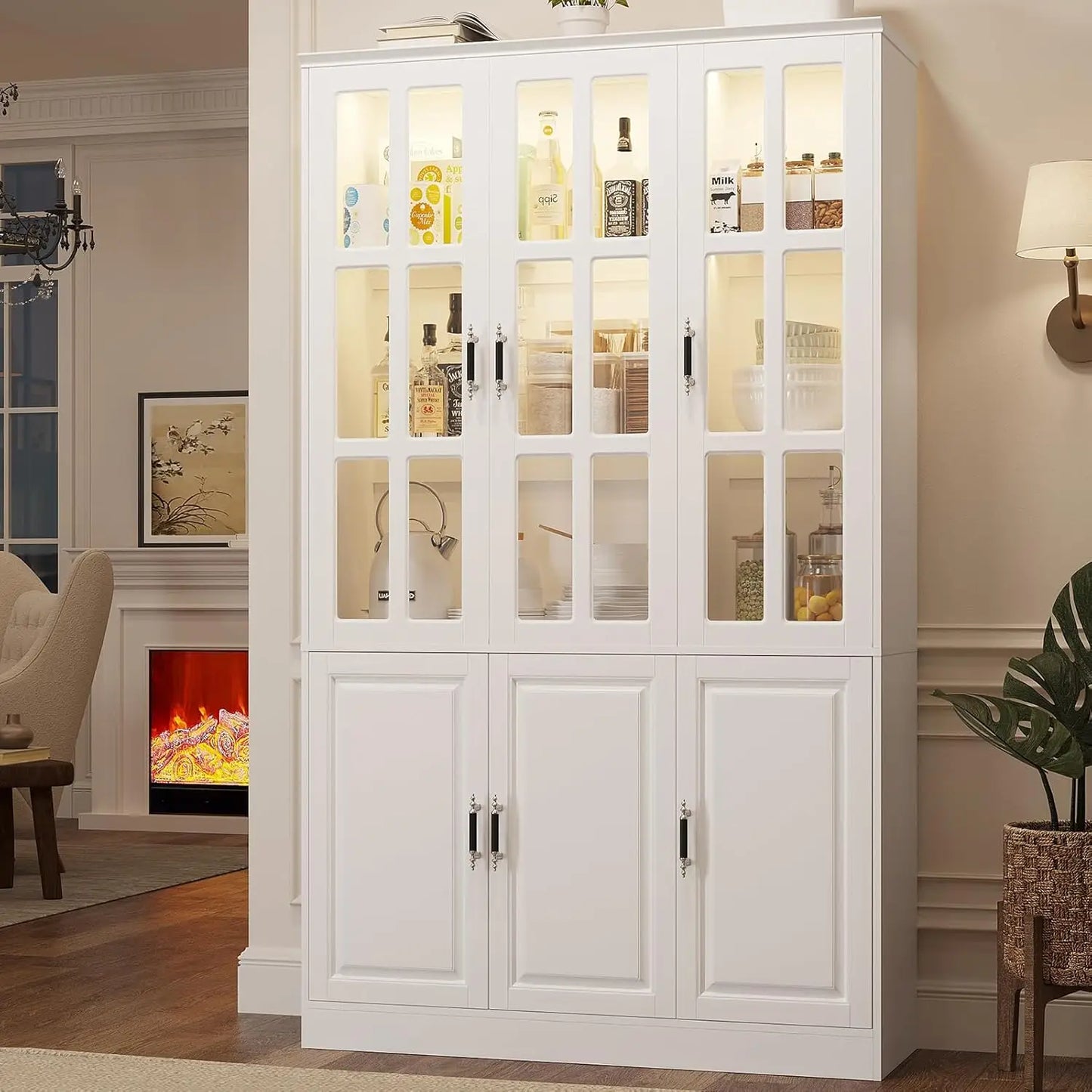 Kitchen Pantry Cabinet With LED Lights And Glass Doors