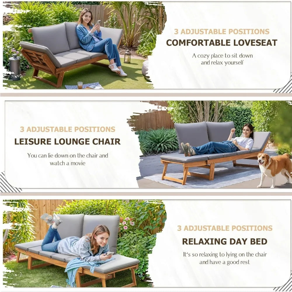 Outdoor Couch Acacia Wood Patio Sofa With Adjustable Armrests