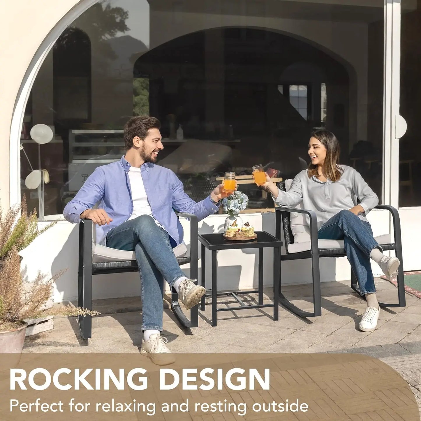 Rattan Wicker Rocking Bistro Set With Glass Coffee Table
