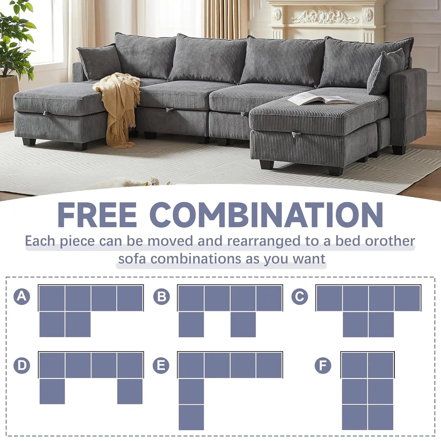 Modular U-Shaped Sectional Sofa With Storage Ottoman