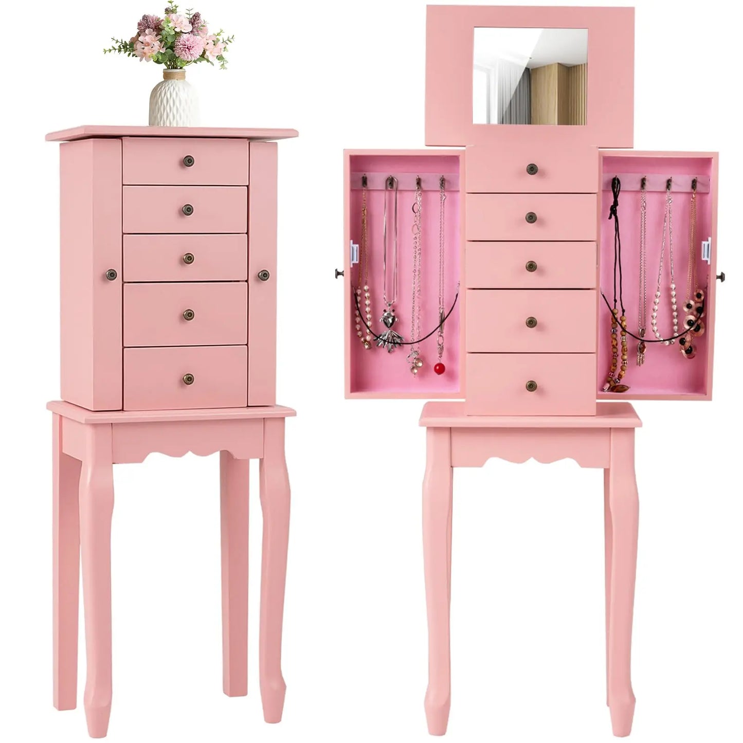Standing Jewelry Armoire Cabinet With Flip Top Mirror And Drawers