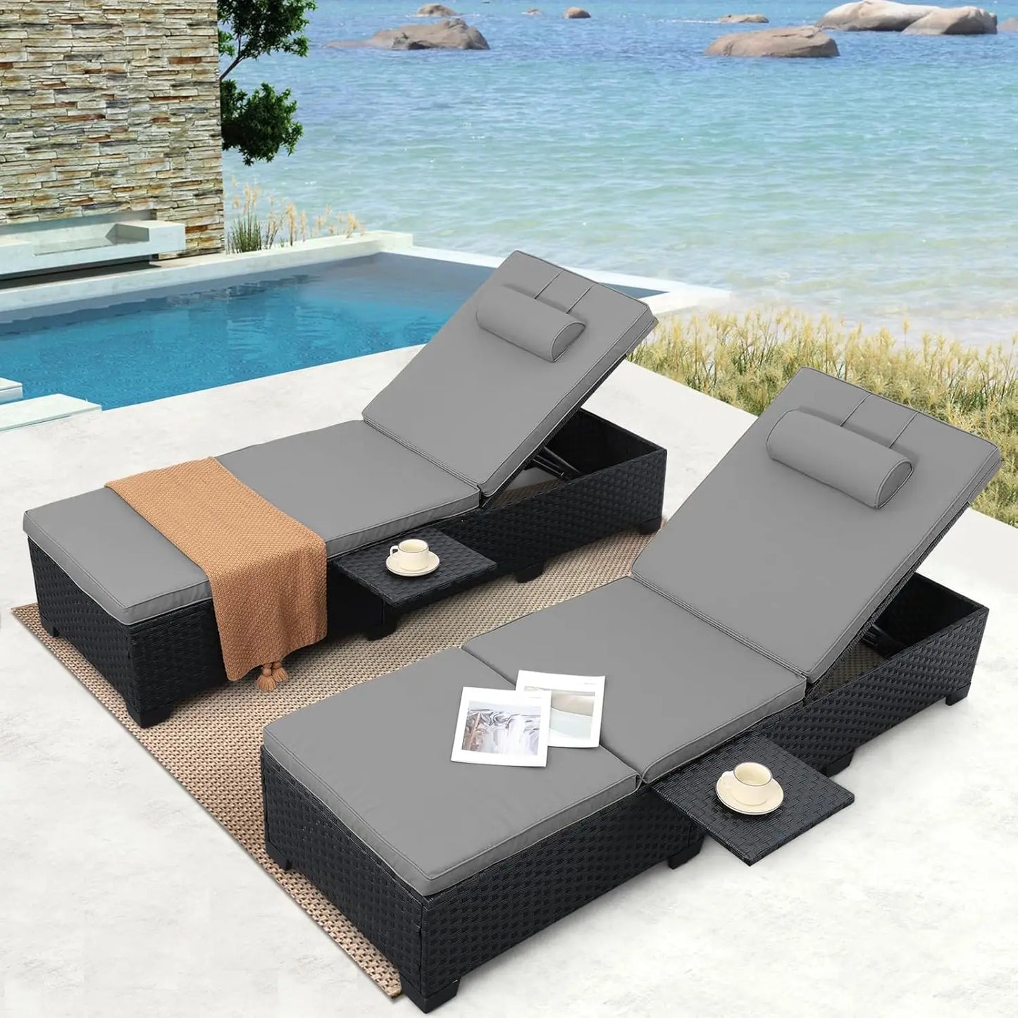 Adjustable Wicker Chaise Lounge Patio Pool Sunbathing Recliner Cushioned