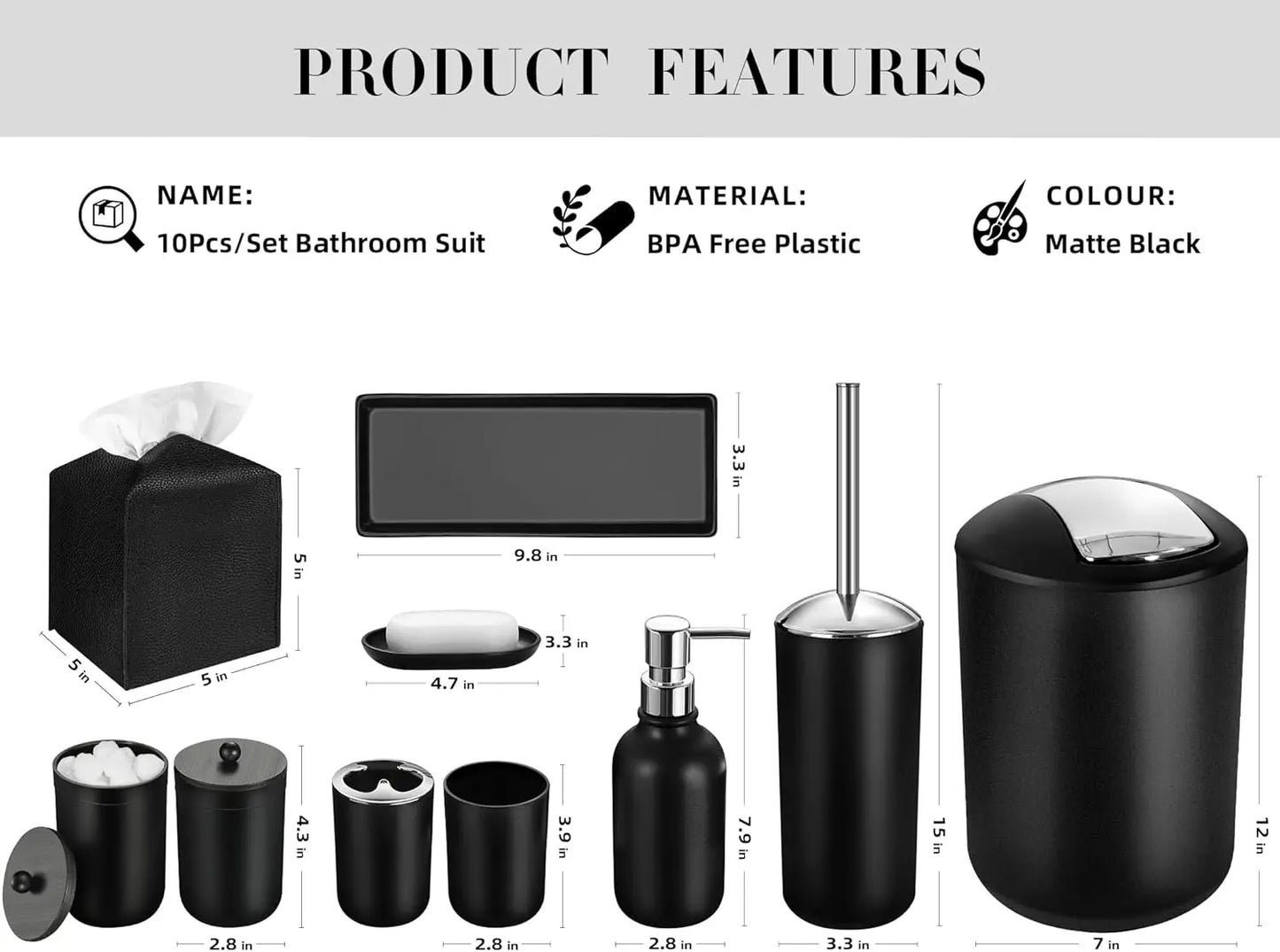 10-Piece Bathroom Accessory Set With Trash Can And Dispenser