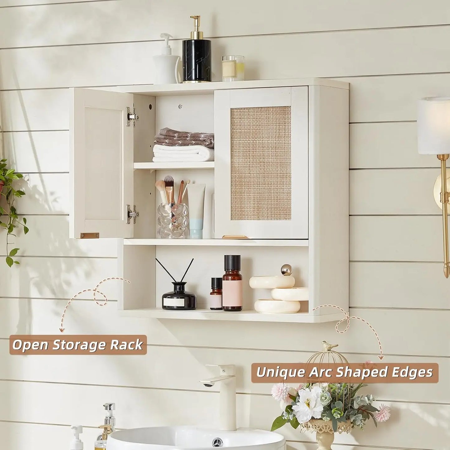Rattan Boho Bathroom Wall Cabinet Over Toilet Storage