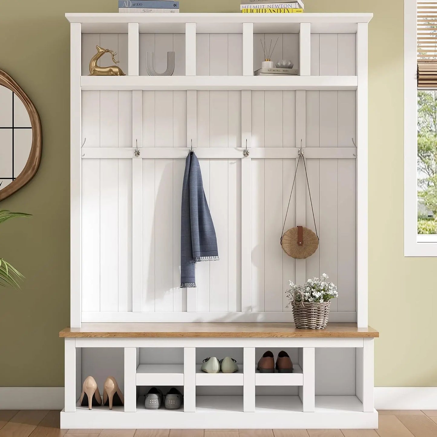 Hall Tree With Hidden Hooks Coat Rack And Shoe Storage