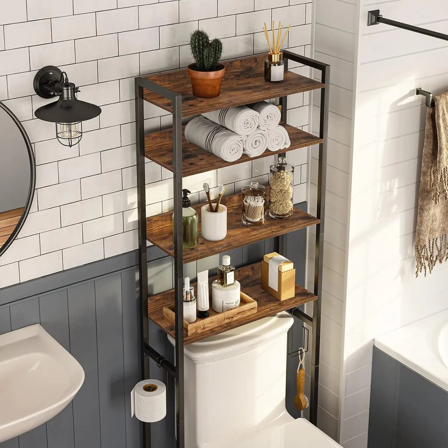 4 Tier Over Toilet Storage Rack With Hooks Bathroom Organizer