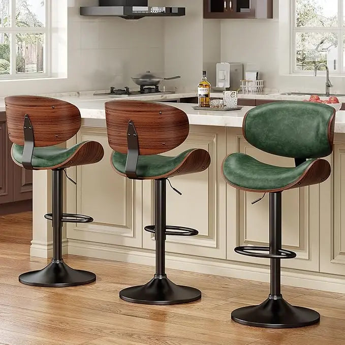Bar Stools Set Of 3 Bentwood Adjustable PU Leather Swivel