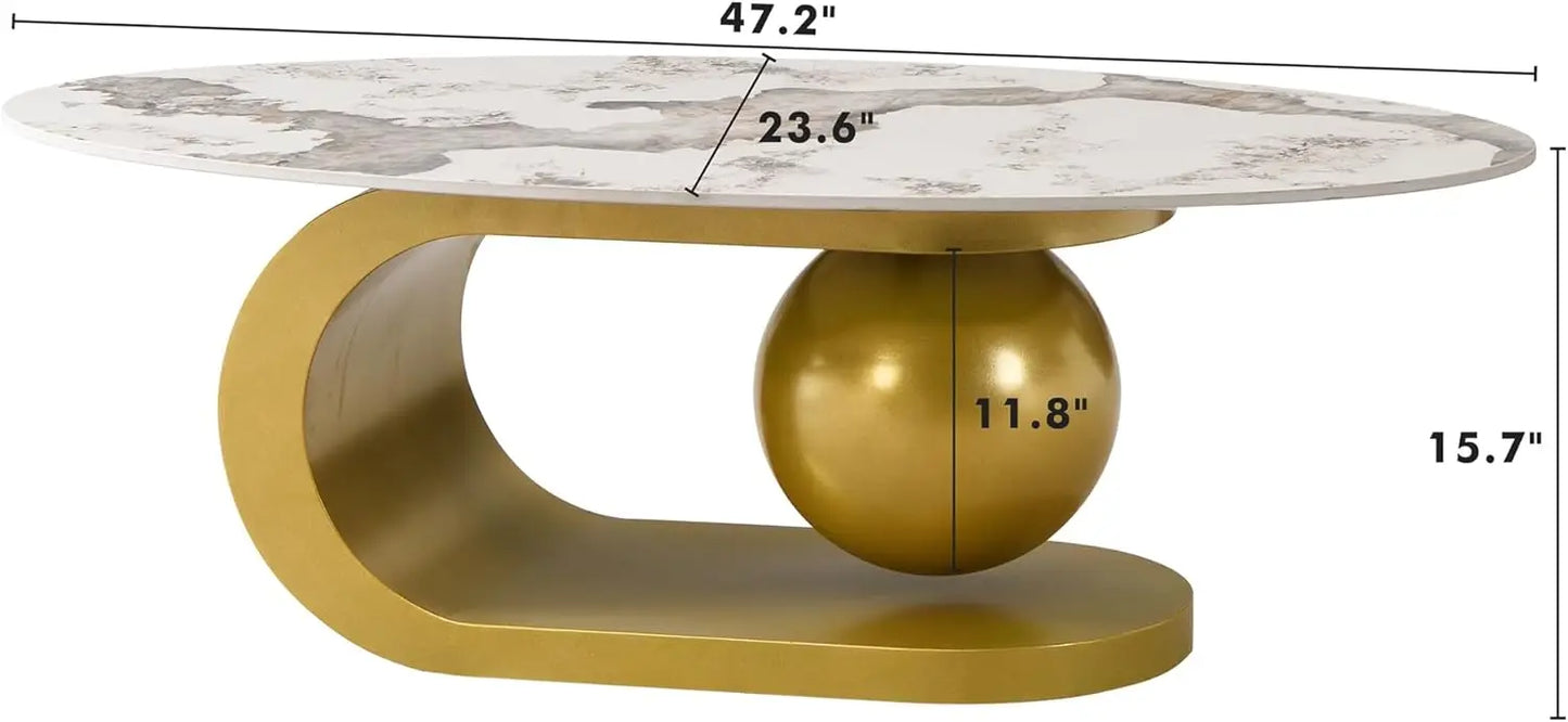 Oval Marble-Pattern Sintered Stone Coffee Table With Metal Base