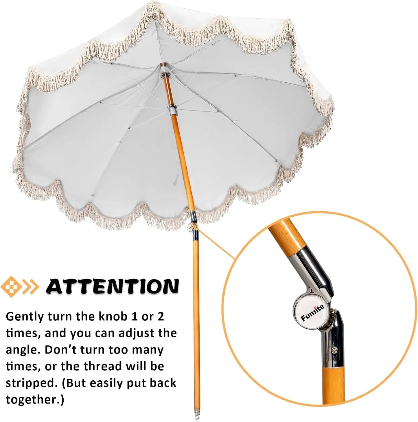 Boho Beach Umbrella Fringe UPF 50 Foldable Wood Pole