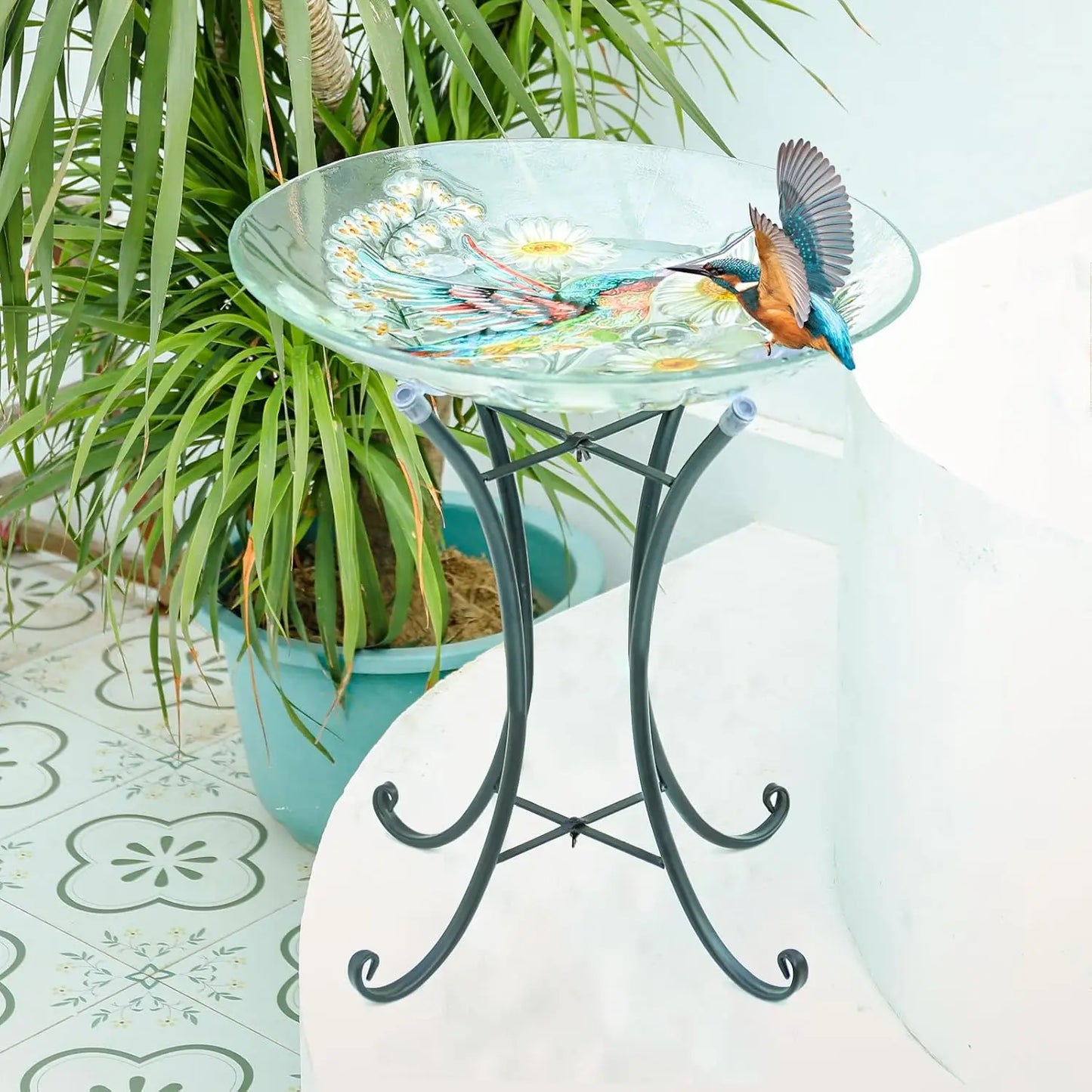 Glass Hummingbird Bird Bath With Metal Stand For Outdoors