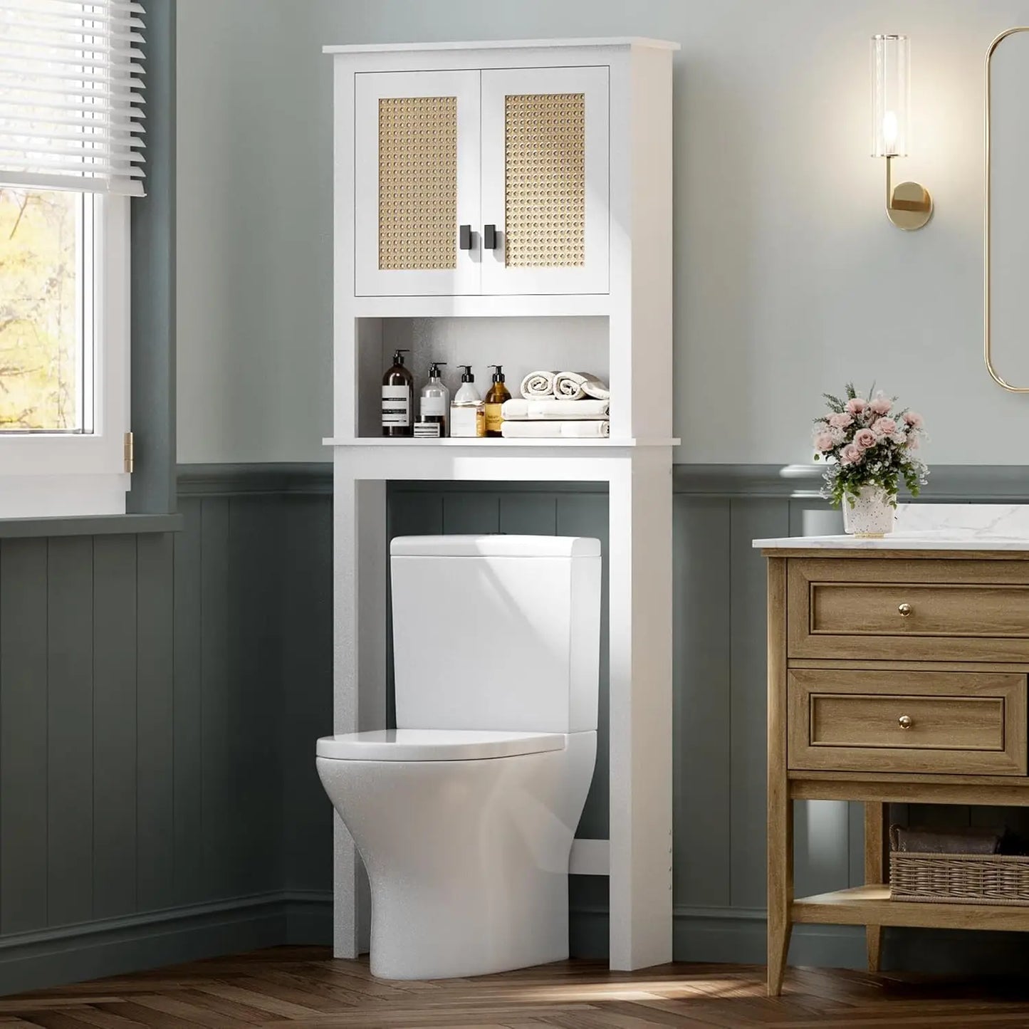 Farmhouse Over Toilet Cabinet With Rattan Doors And Adjustable Shelf