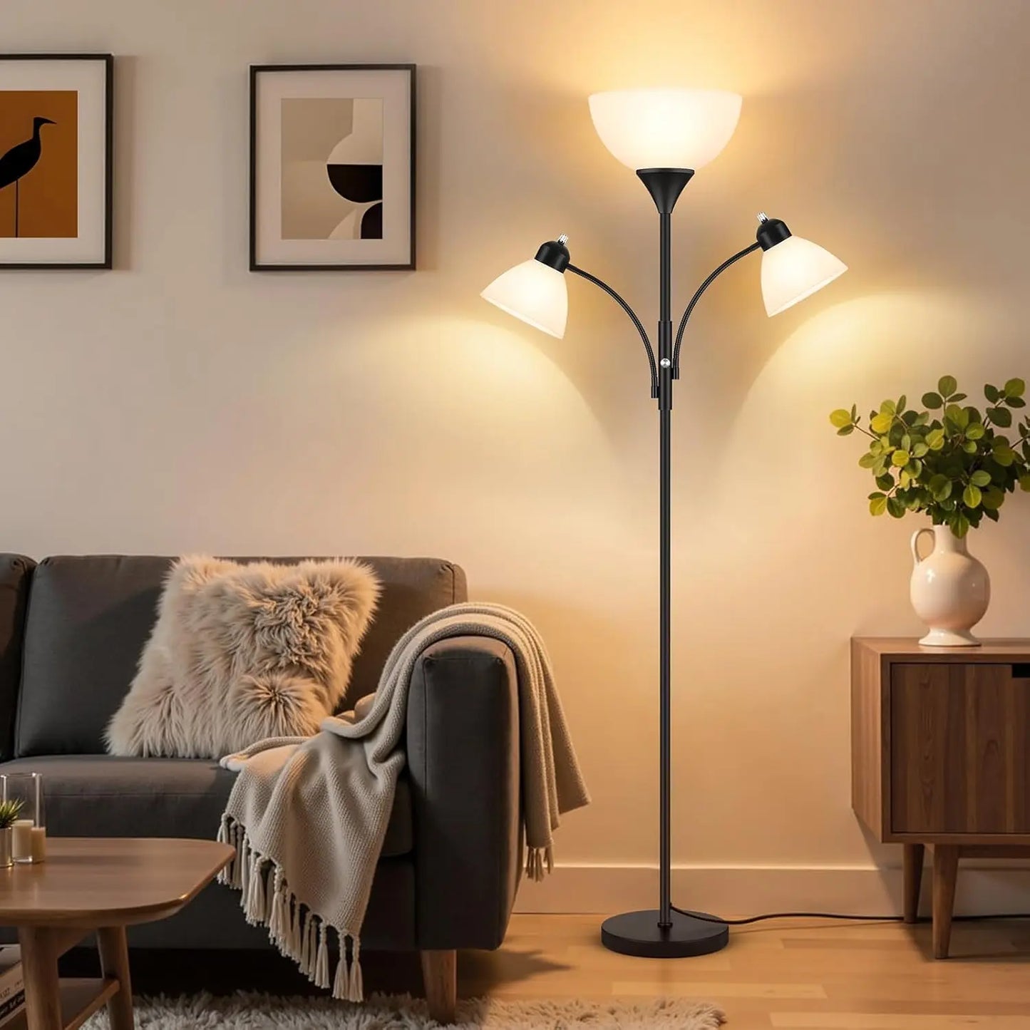 Dimmable Floor Lamp With Reading Lights Includes 3 Bulbs