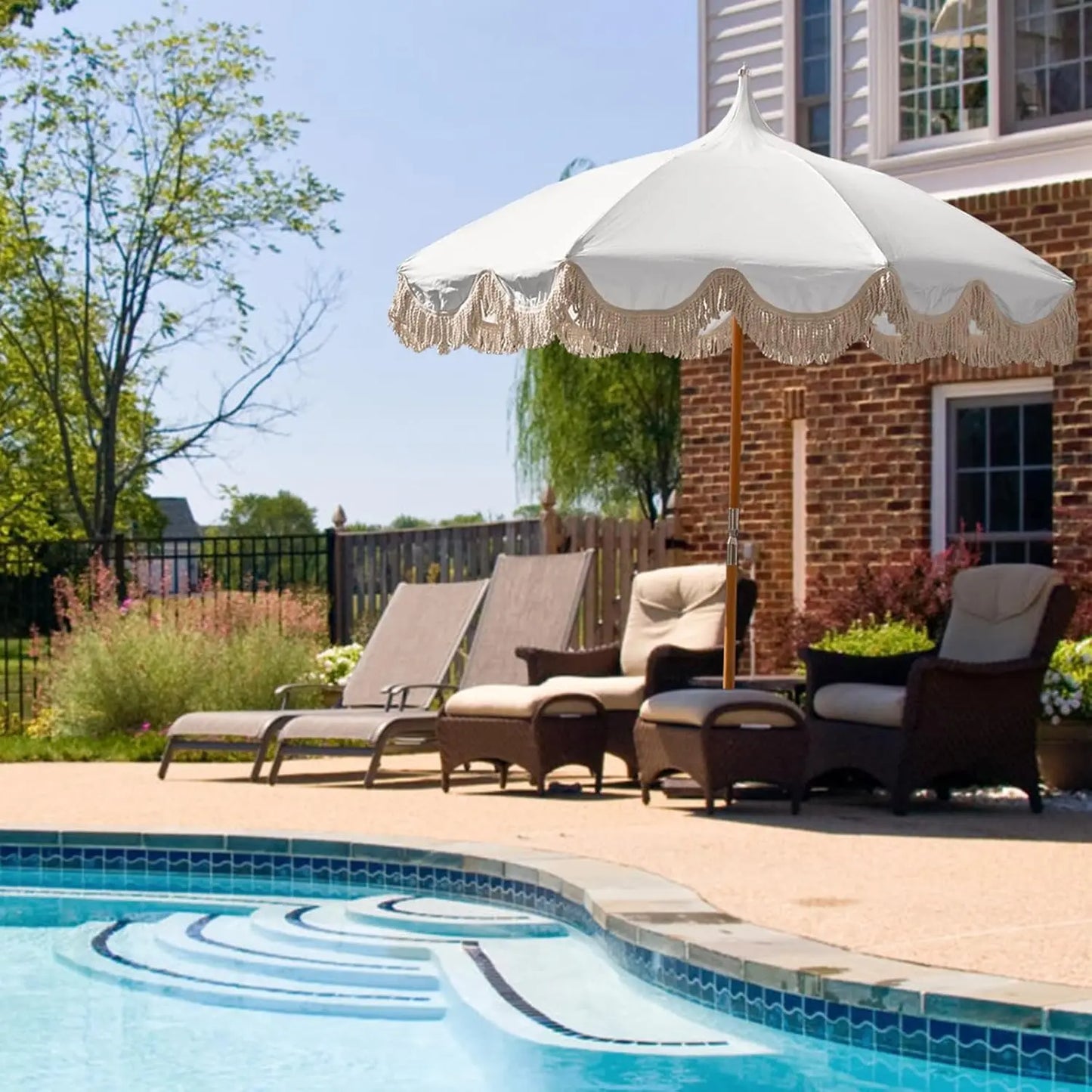 Boho Beach Umbrella Fringe UPF 50 Foldable Wood Pole
