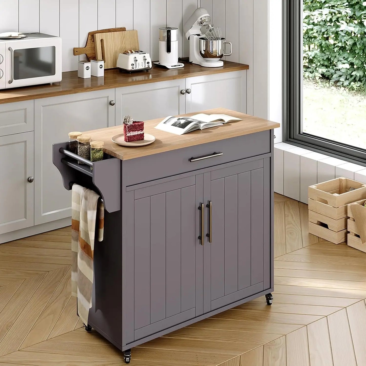 Grey Wood Kitchen Island Cart Storage Towel And Spice Racks