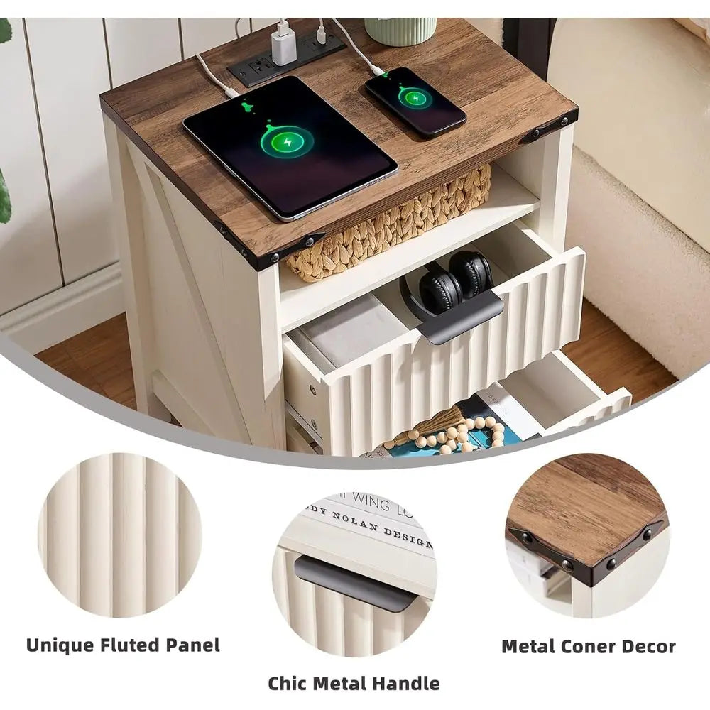 Fluted Nightstand With Charging Station Farmhouse End Table Pair