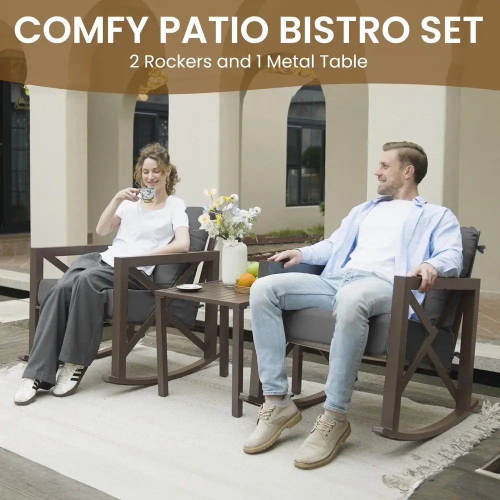 Outdoor Rocking Chair Set Of 2 With Coffee Table Cushions