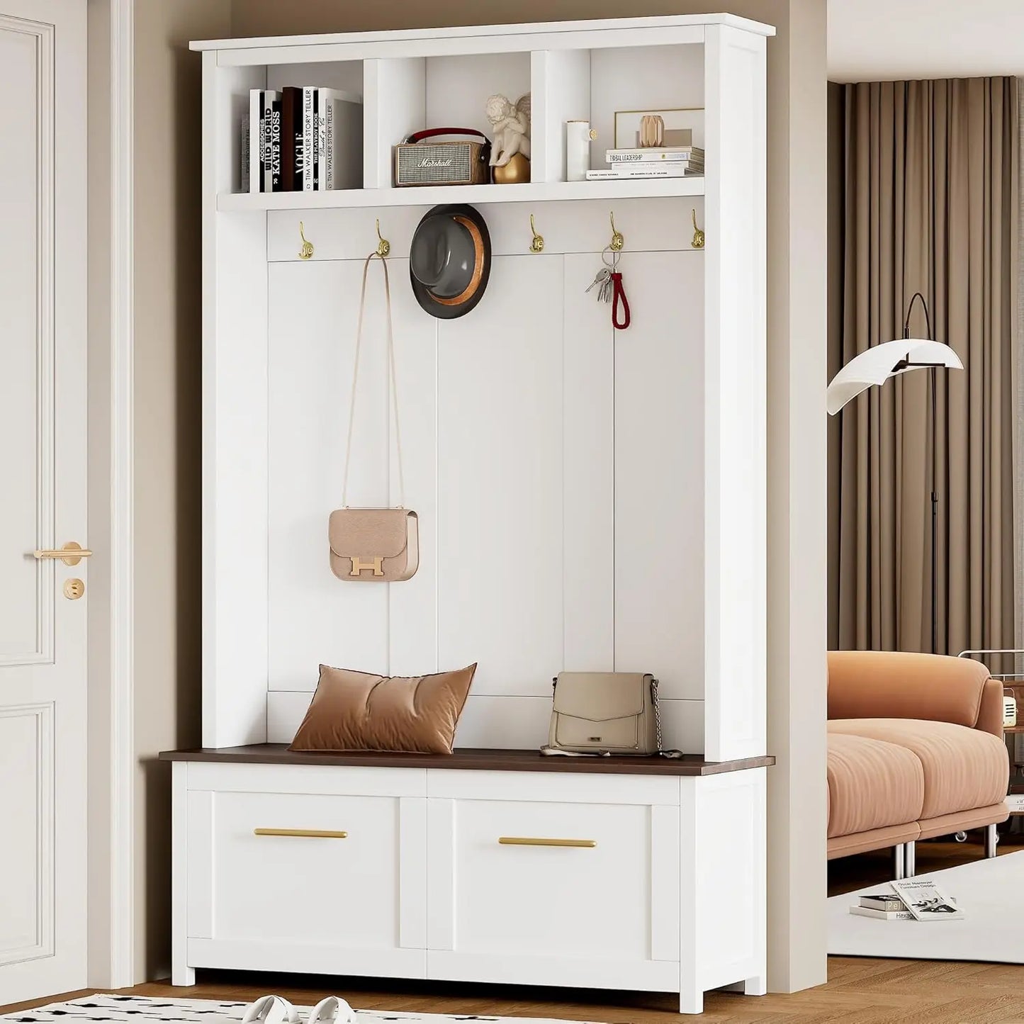 Hall Tree With Hidden Hooks Coat Rack And Shoe Storage