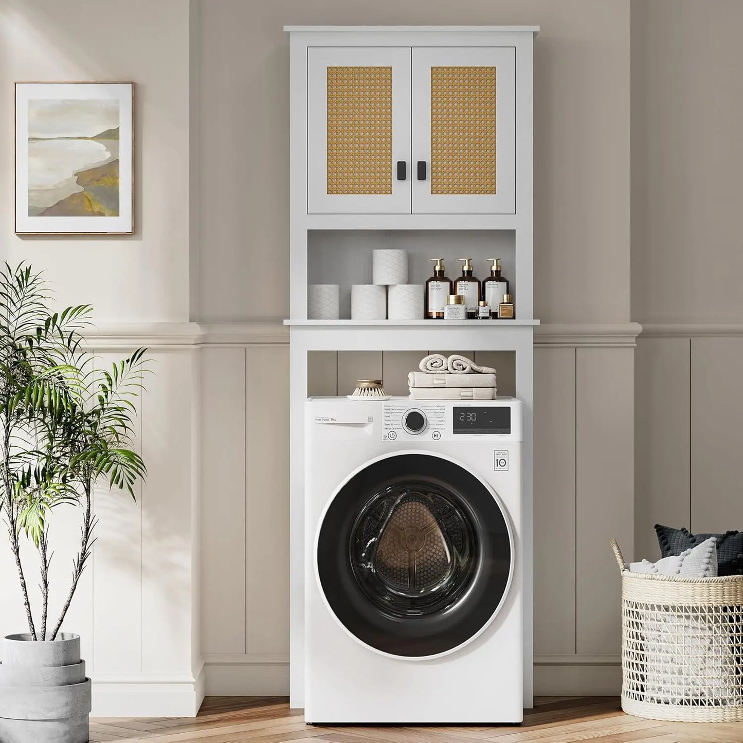 Farmhouse Over Toilet Cabinet With Rattan Doors And Adjustable Shelf
