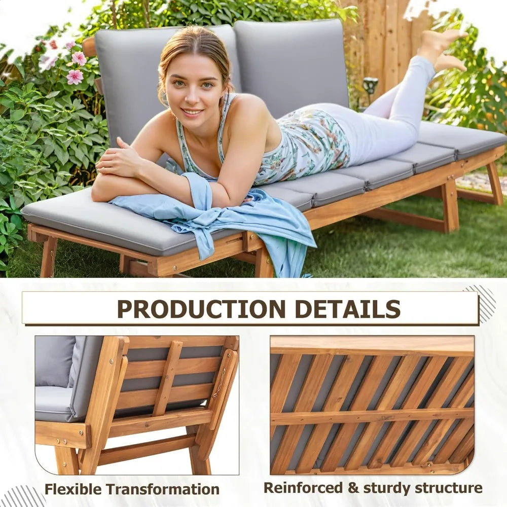 Outdoor Couch Acacia Wood Patio Sofa With Adjustable Armrests