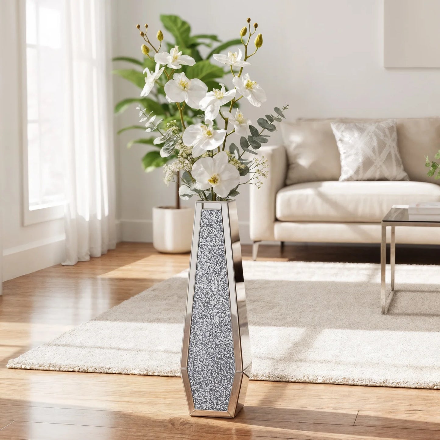 Modern Glass Floor Vase With Crushed Diamond Mirror Finish