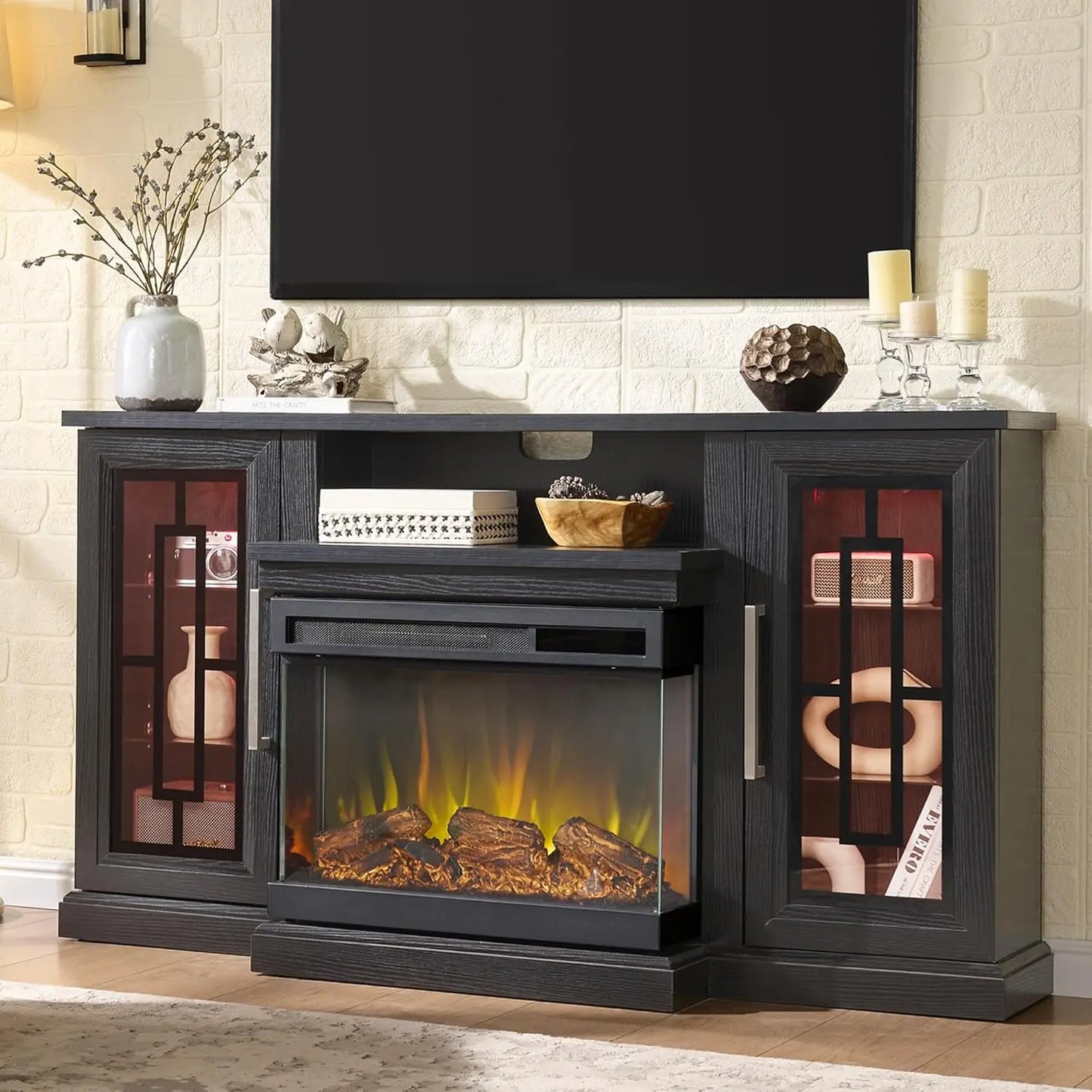 Electric Fireplace TV Stand With Glass LED Media Center