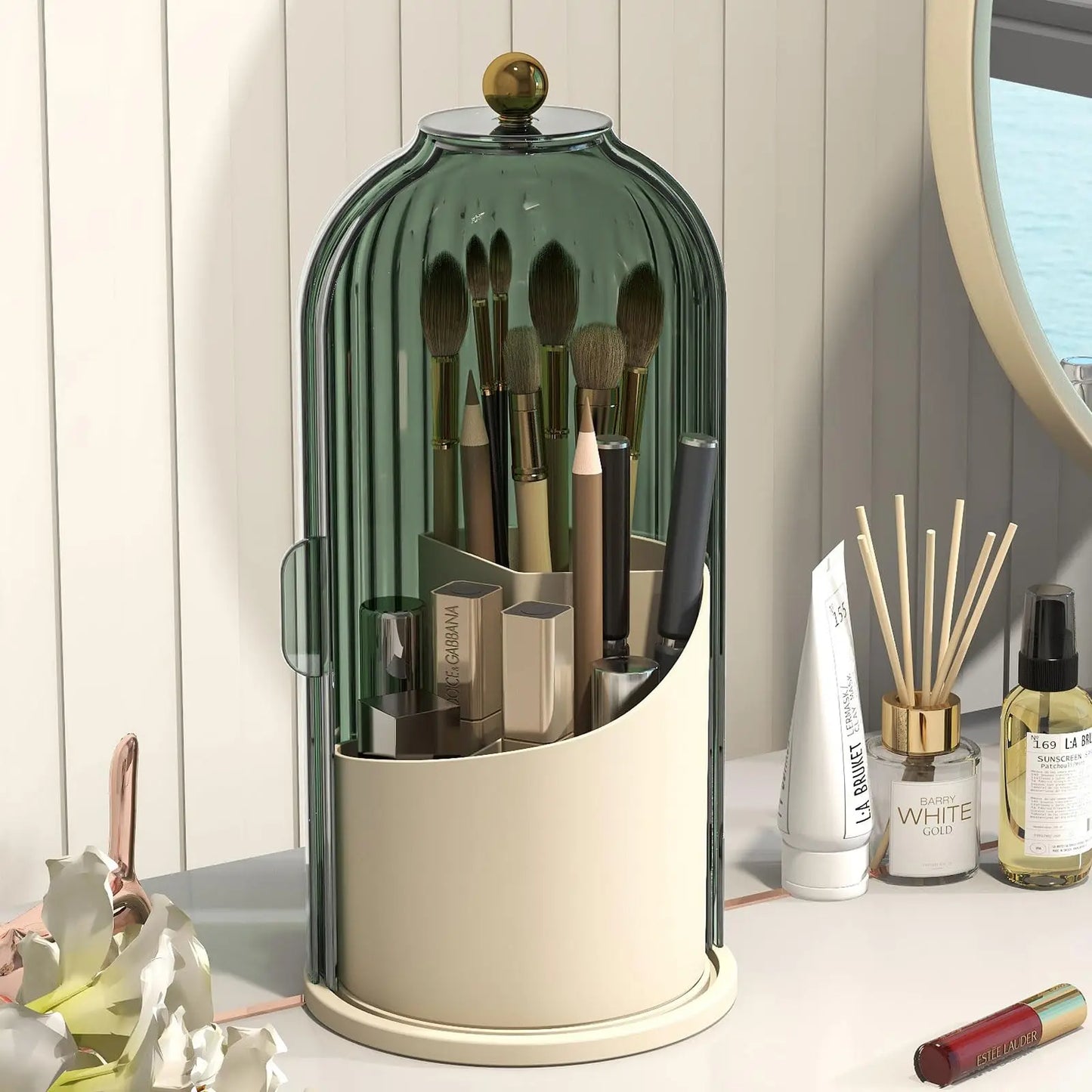 Makeup Brush Holder Organizer With Lid 360 Rotating