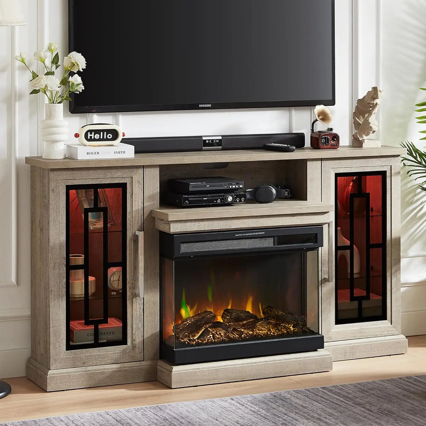 Electric Fireplace TV Stand With Glass LED Media Center