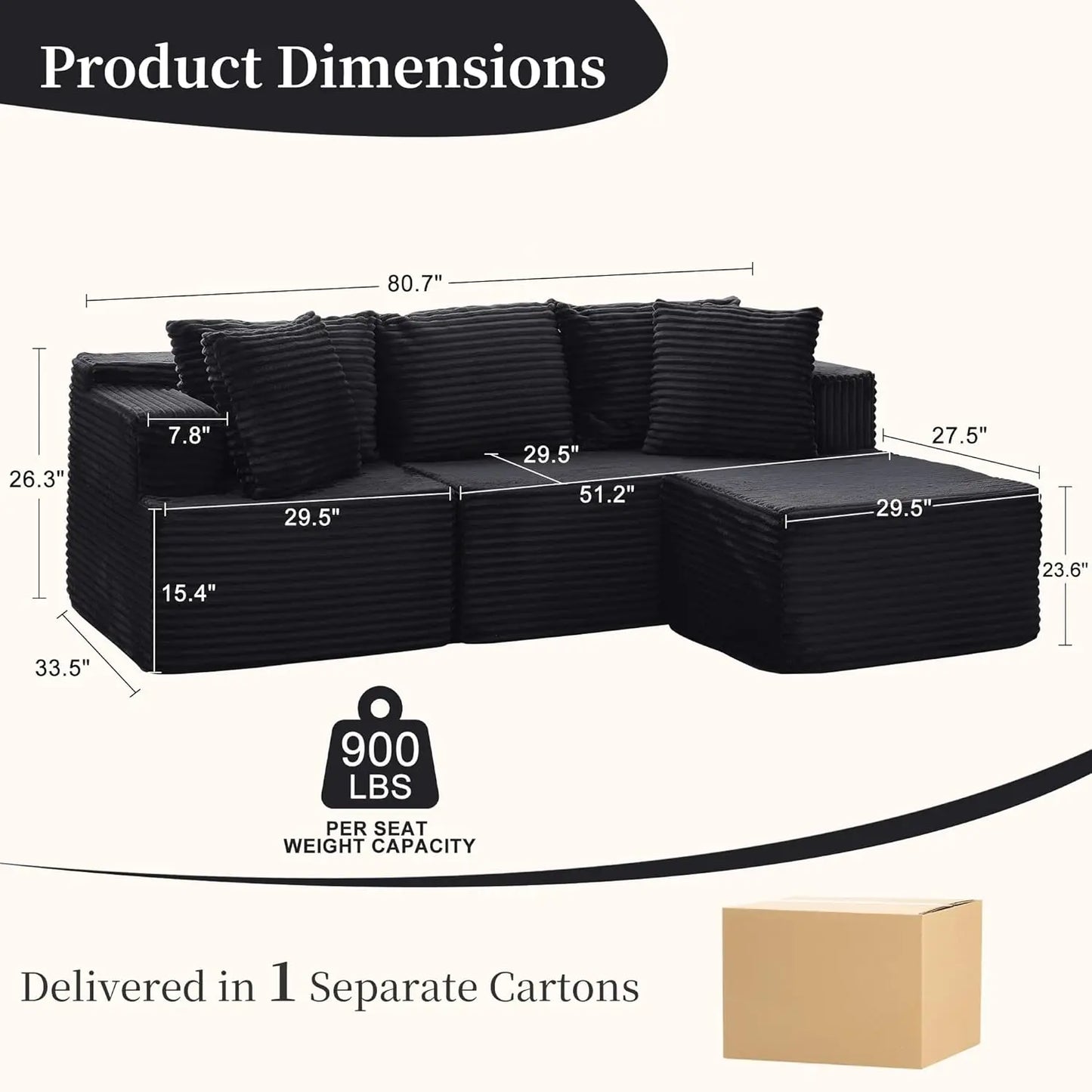 Cloud Modular Sectional Sofa L-Shaped Corduroy Deep-Seat Living Room