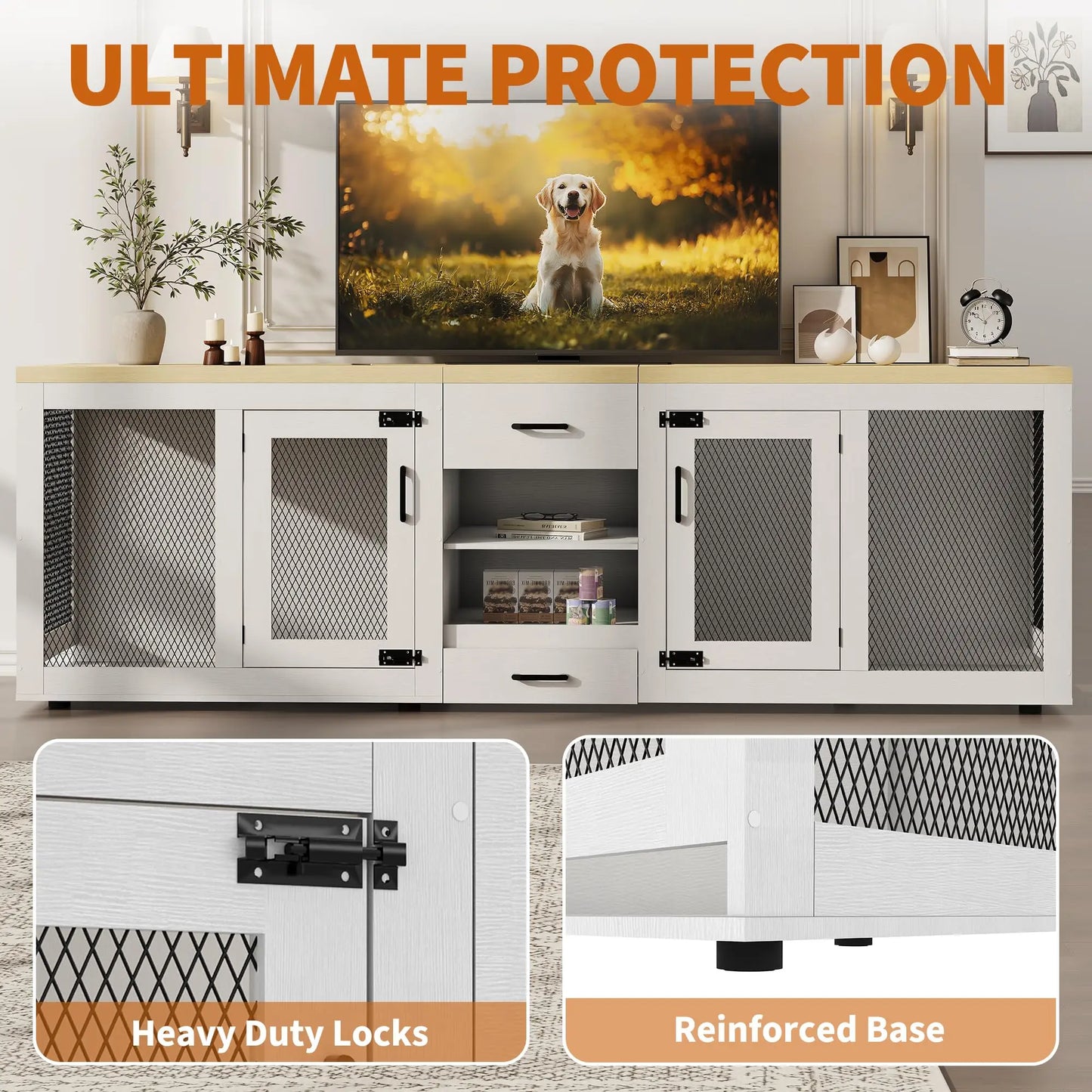 HiMISS Heavy Duty Dual Dog Crate TV Stand Feeding Station