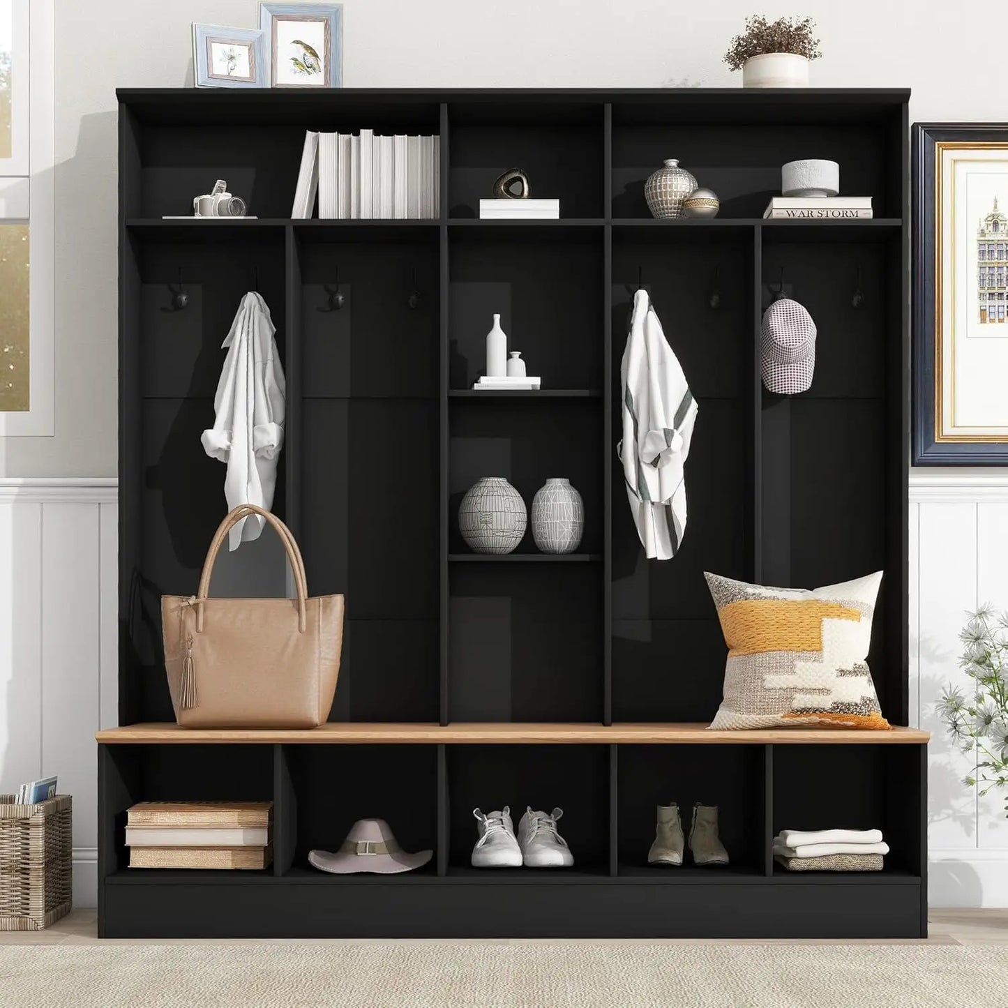 Hall Tree With Hidden Hooks Coat Rack And Shoe Storage