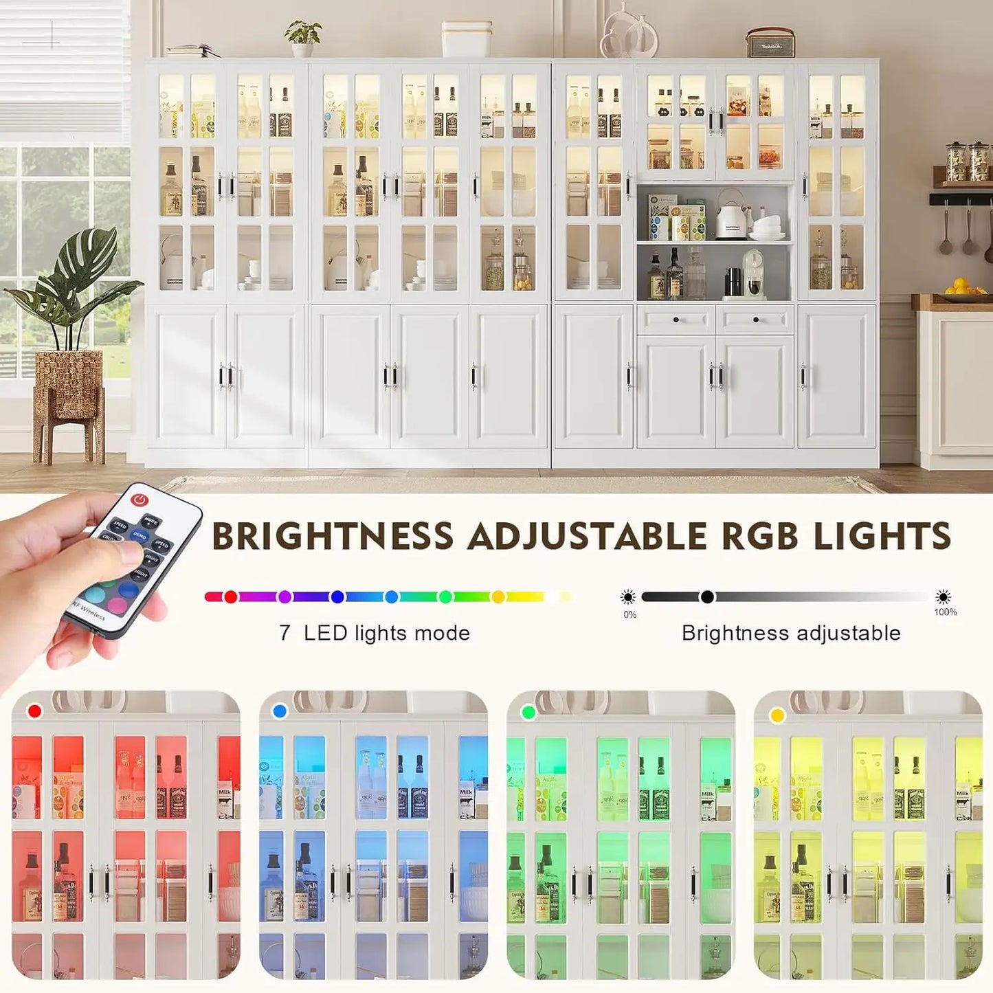 Kitchen Pantry Cabinet With LED Lights And Glass Doors