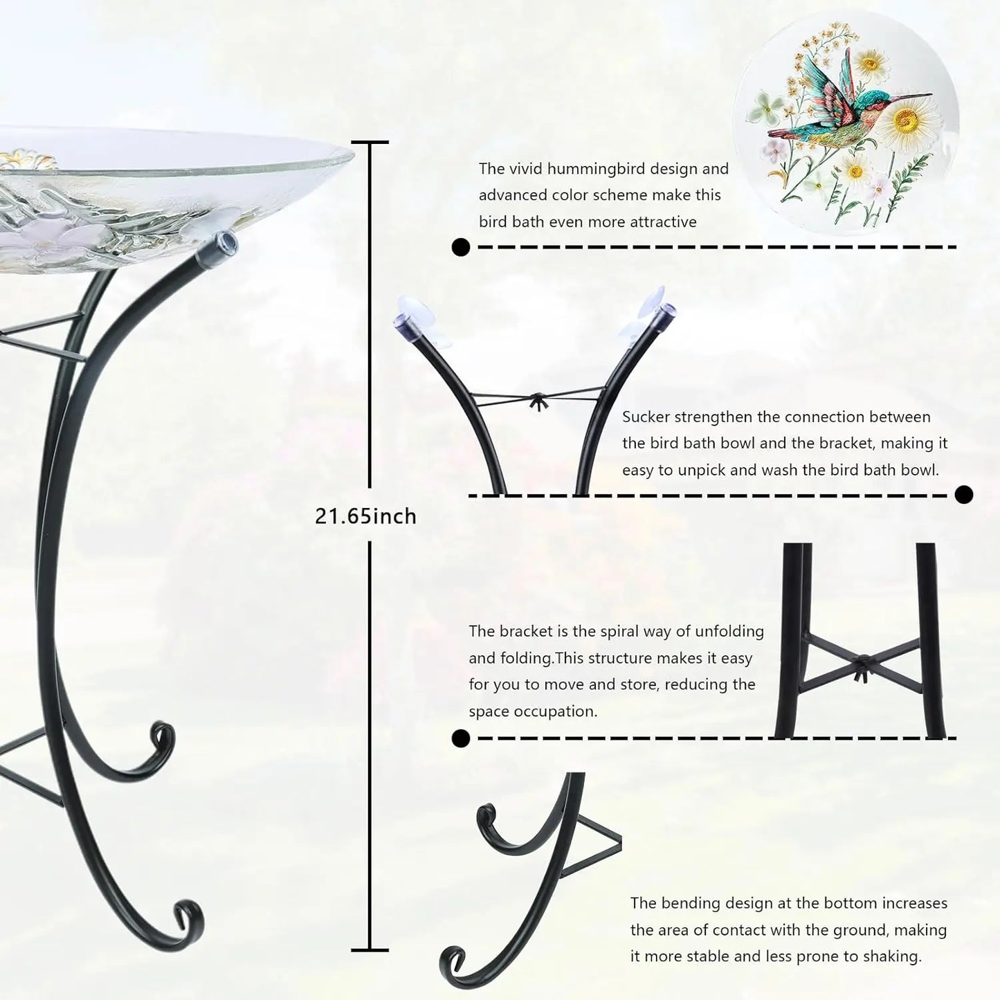 Glass Hummingbird Bird Bath With Metal Stand For Outdoors