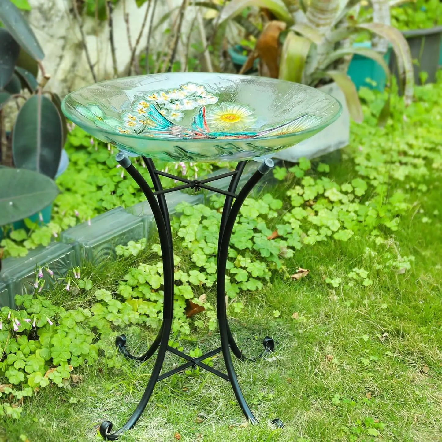 Glass Hummingbird Bird Bath With Metal Stand For Outdoors