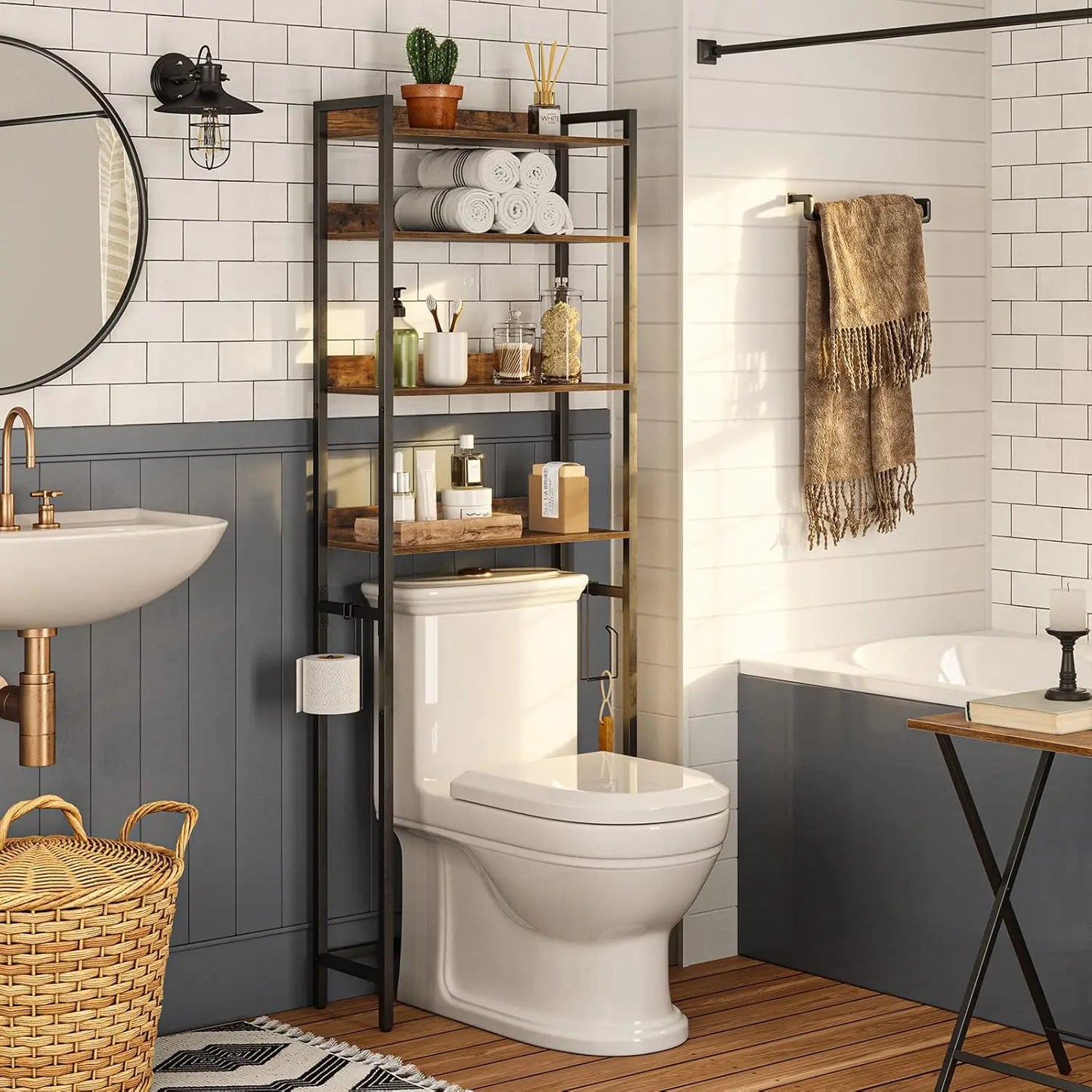 4 Tier Over Toilet Storage Rack With Hooks Bathroom Organizer