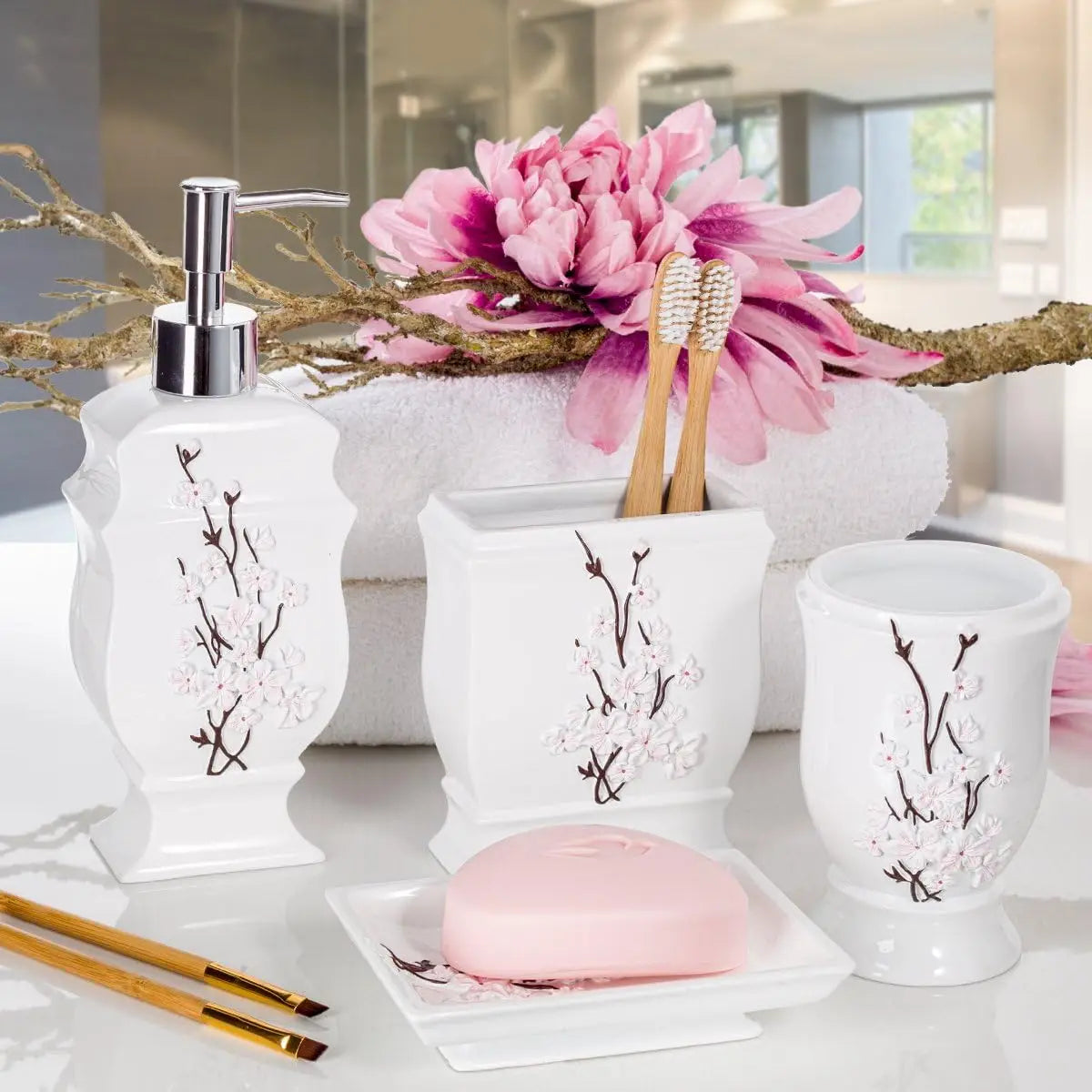 Cherry Blossom White Bathroom Accessories Set 4 Piece