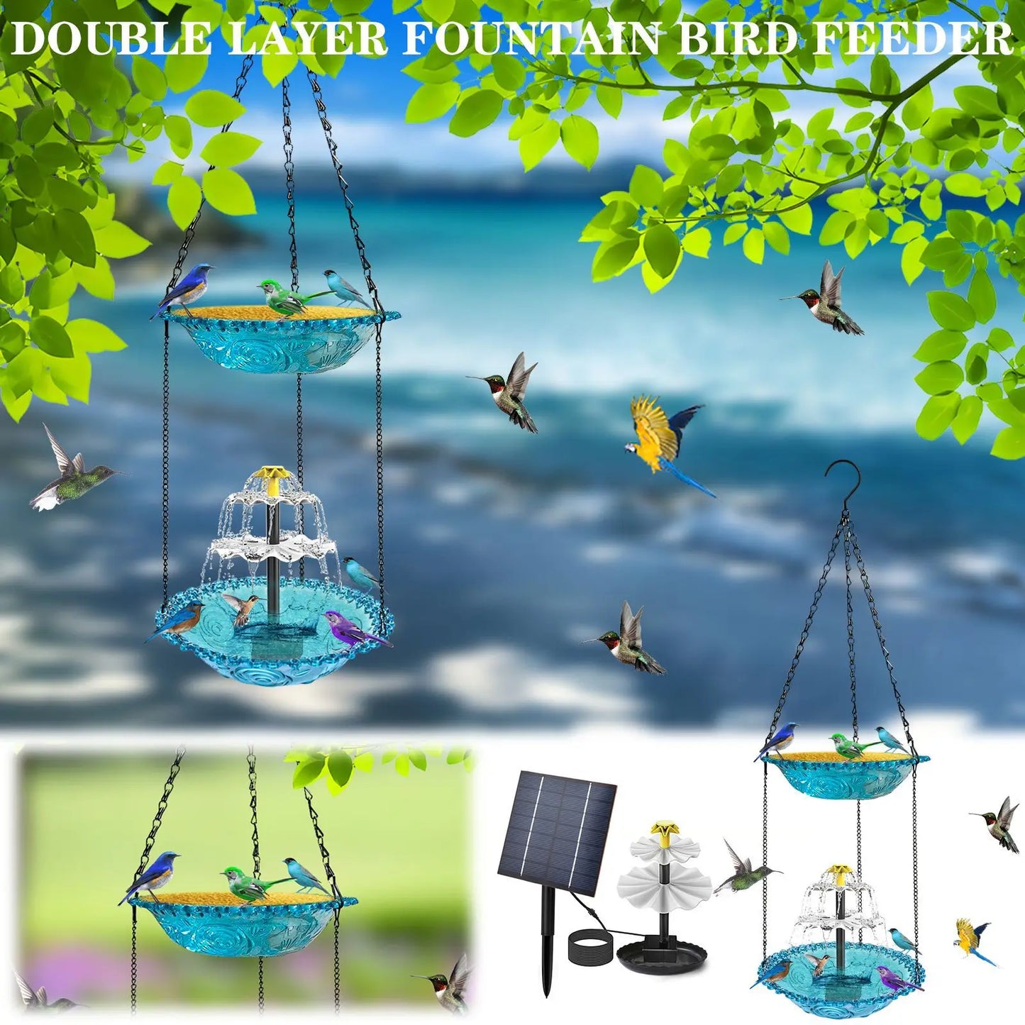 Decorative Bird Bathing Fountain Outdoor Feeder Three Story Flowing Water