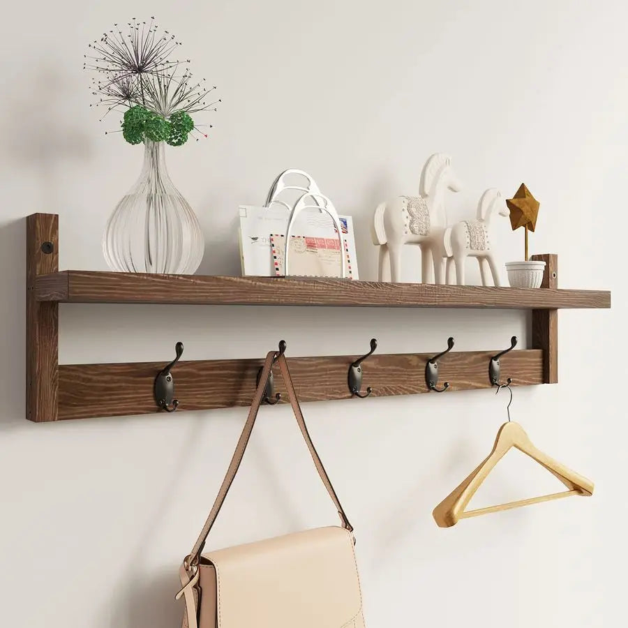 Wood Wall Mount Coat Rack With Shelf And Five Hooks